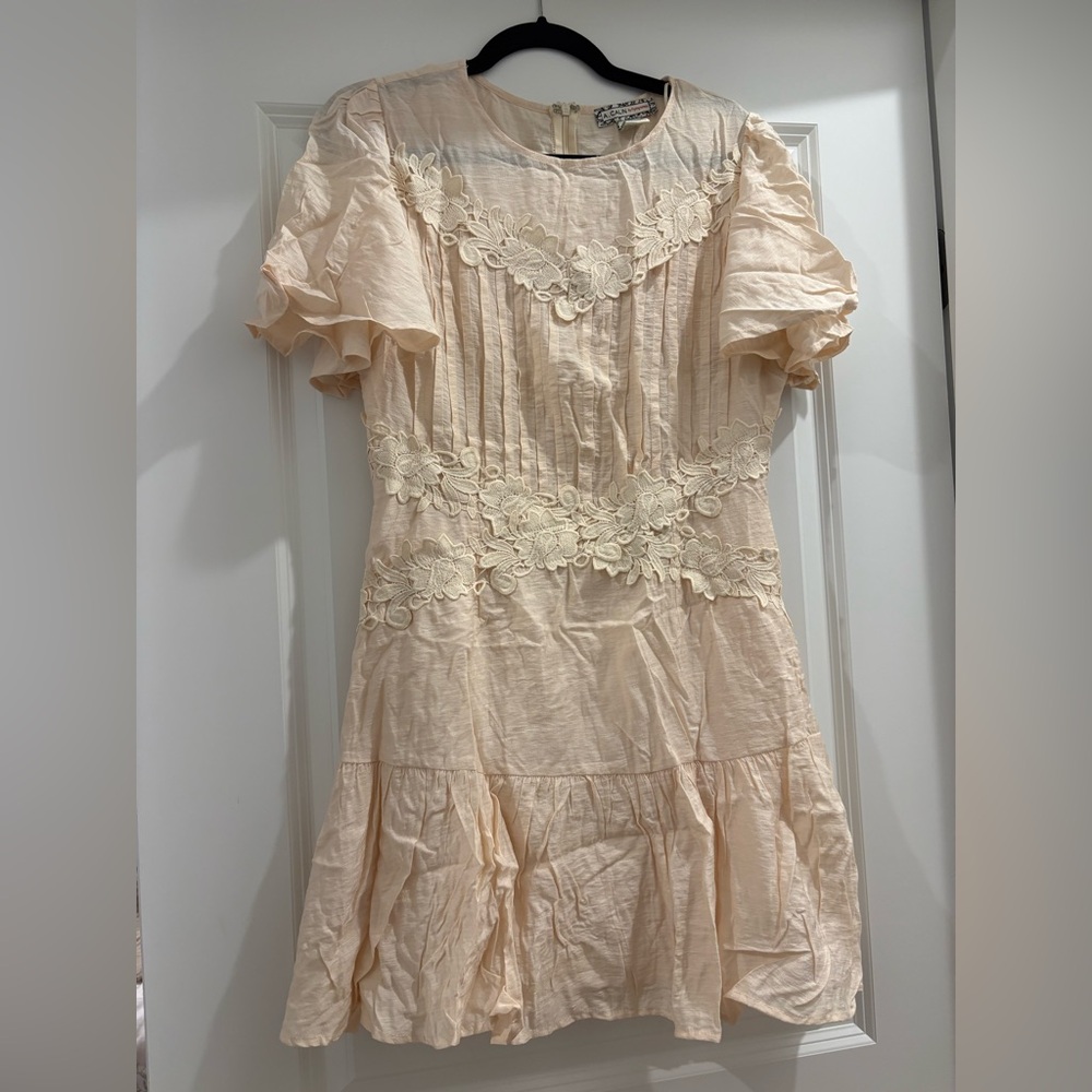 A. Calin by Flying Tomato Cottagecore Cream Lace Flutter Sleeve Dress (Size L)